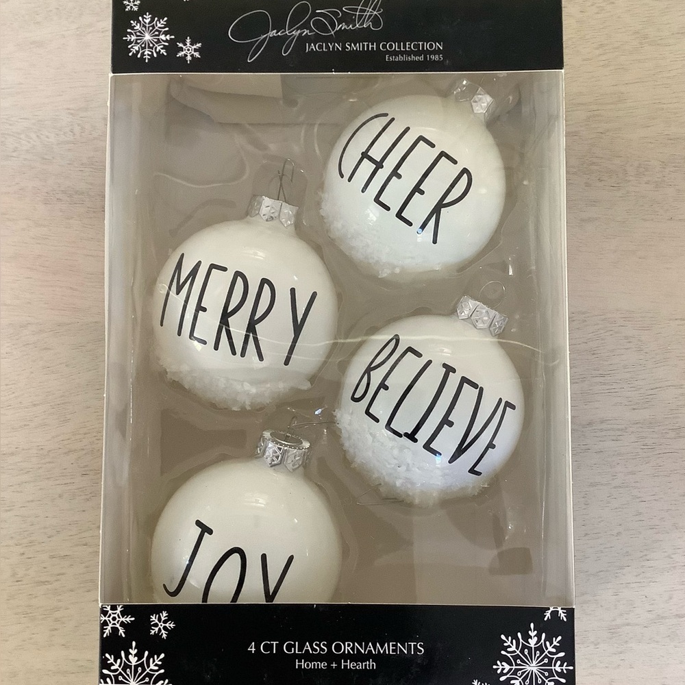 4 JOY MERRY CHEER BELIEVE Message Glass Ornaments